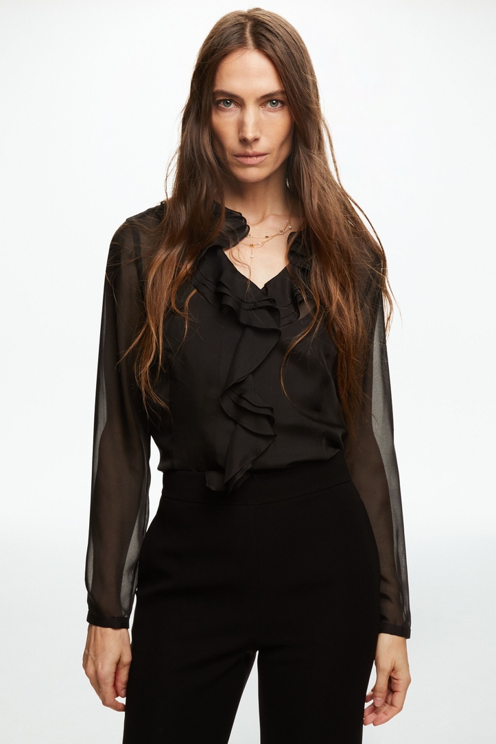 Ruffled Silk Chiffon Fitted Shirt