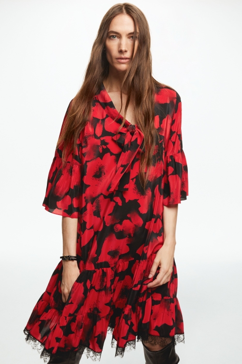 ARTY FLOWERS PRINT CREPE DE CHINE A-LINE DRESS