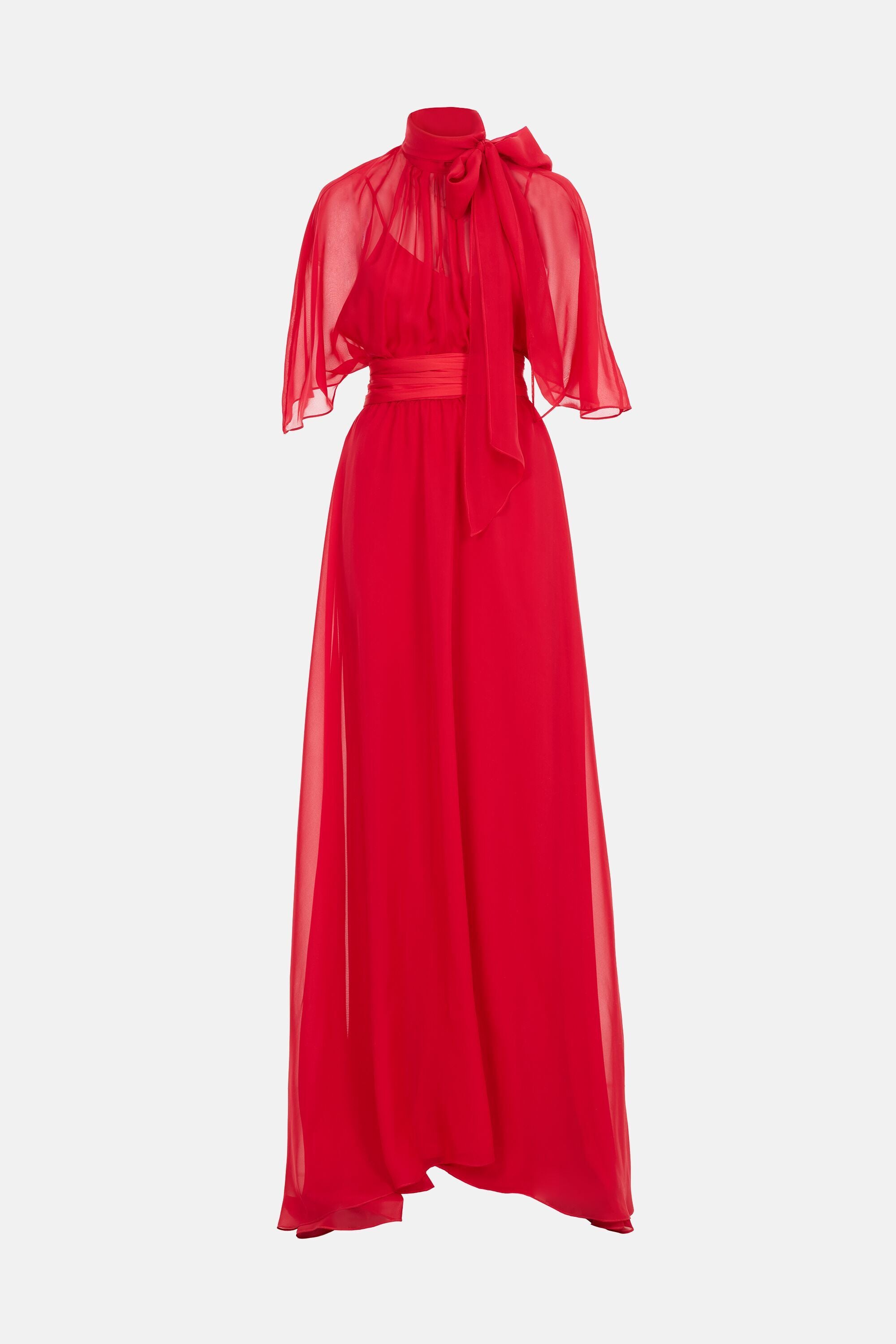 SILK CHIFFON LONG DRESS WITH BOW red - CH Carolina Herrera United States