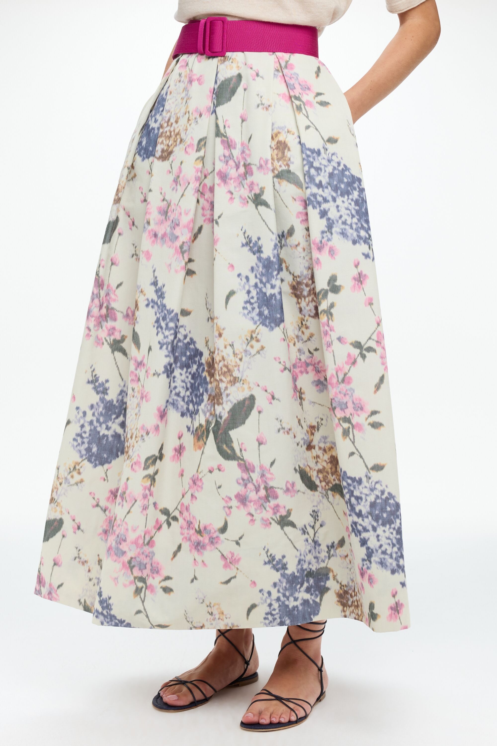 Belt-Detailed Print Cotton Midi Skirt