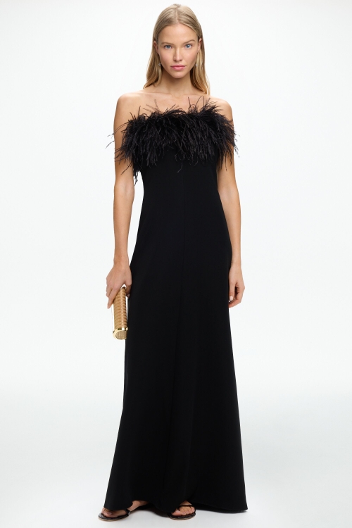 FEATHER-DETAILED CREPE STRAPLESS LONG DRESS