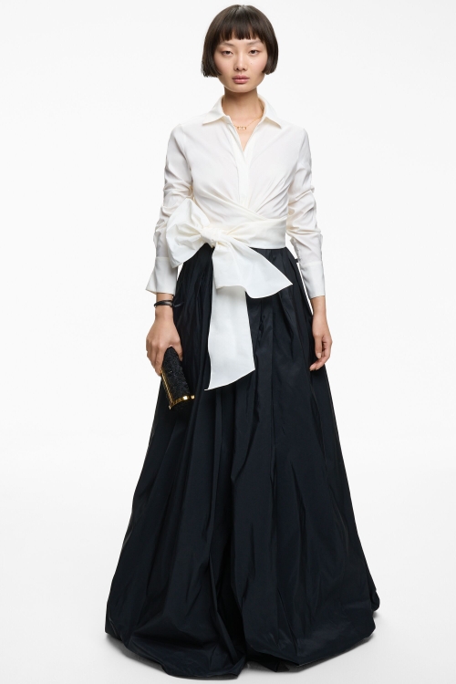 BOW-DETAILED TAFFETA LONG SHIRT DRESS