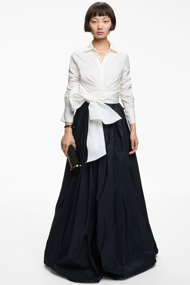 Bow-Detailed Taffeta Long Shirt Dress