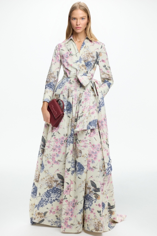 FLOWERY PRINT CHINÉ LONG DRESS WITH CUFFLINKS