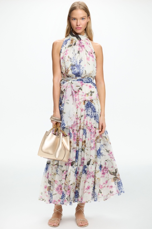 FLOWERY PRINT SILK CHIFFON HALTER DRESS